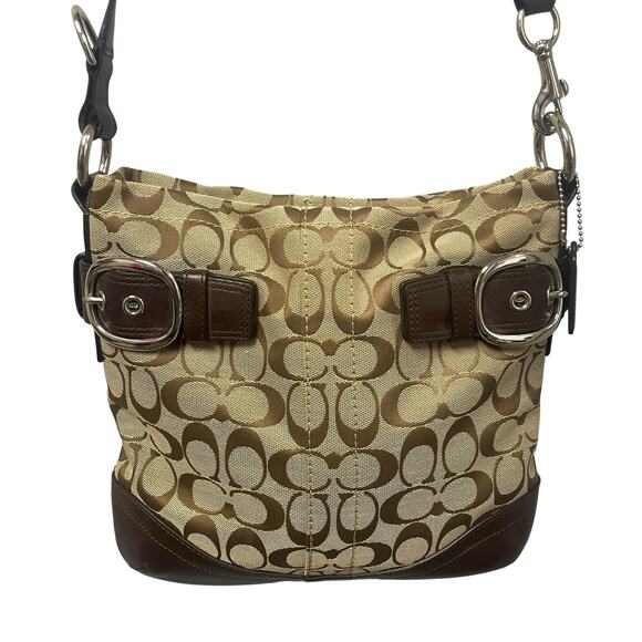 Y2K Coach Signature Logo Print Canvas Beige Brown Leather Trim Crossbody Handbag - Picture 1 of 9